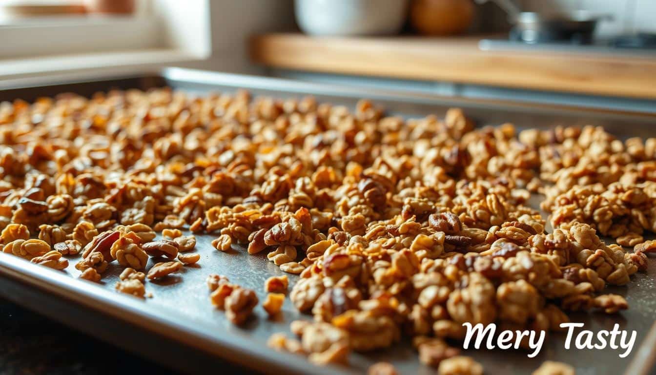 baked granola cooling on baking sheet baked granola cooling on baking sheet