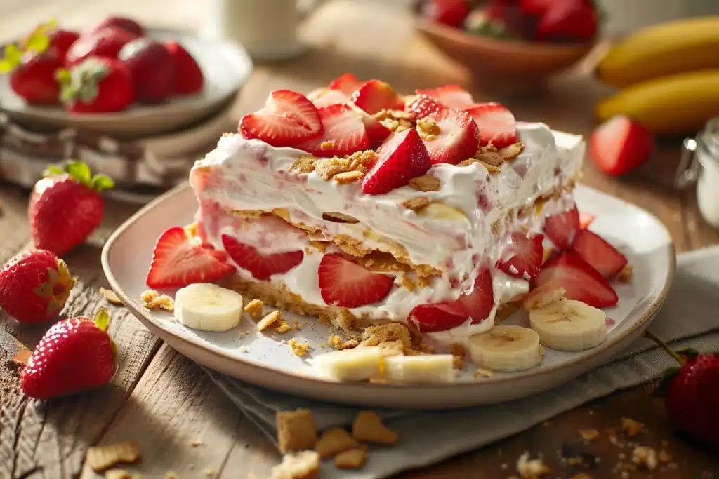 No bake strawberry icebox cake with cool whip 11 A creative version of a no bake strawberry icebox cake with cool whip sliced to show layers of bananas, cream cheese, and pudding on a rustic table.