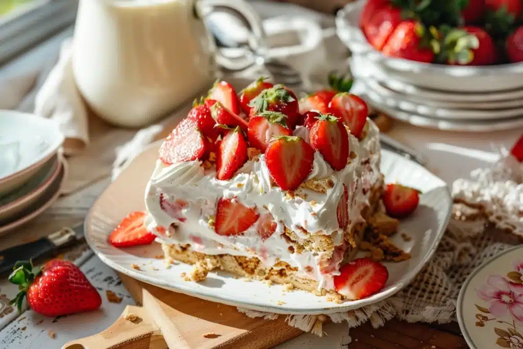 No bake strawberry icebox cake with cool whip 8 A no bake strawberry icebox cake with cool whip sliced and served on a rustic wooden table, glowing in soft summer sunlight, with layers of strawberries, graham crackers, and cream.