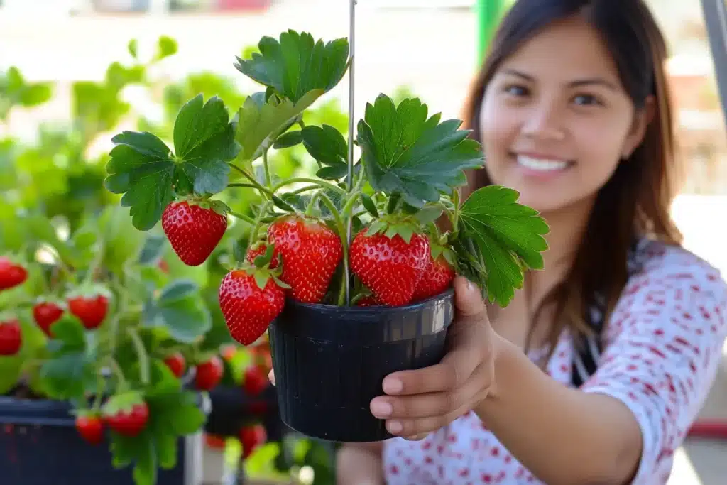 No bake strawberry icebox cake with cool whip 9
A woman holding a pot of fresh Monterrey strawberries next to a strawberry bush—perfectly ripe for making a no bake strawberry icebox cake with cool whip.