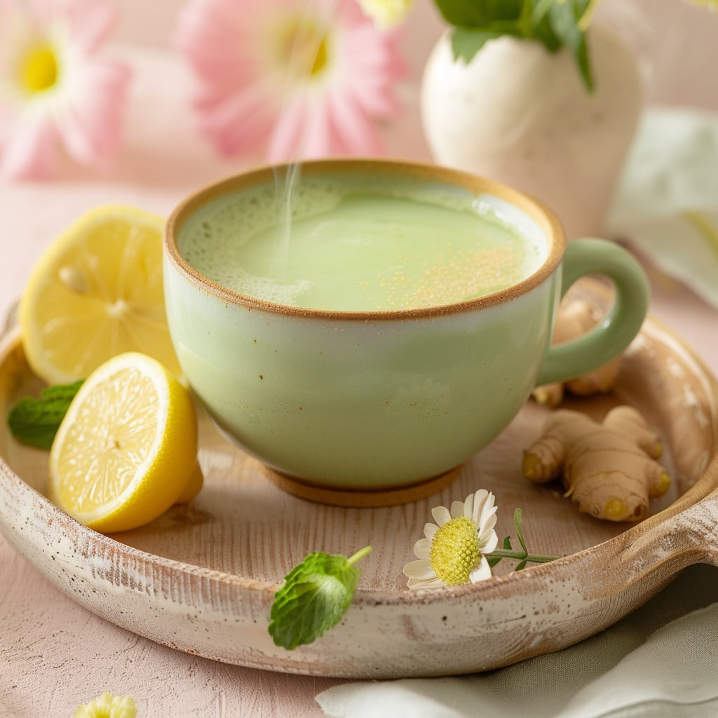 Japanese-Mounjaro-Recipe-ea5b-4ff0-8e8e-5316cb3c1927_2 Top view of a Japanese Mounjaro Recipe drink in a ceramic mug with matcha foam, surrounded by lemon, honey, and ginger on a pink background.