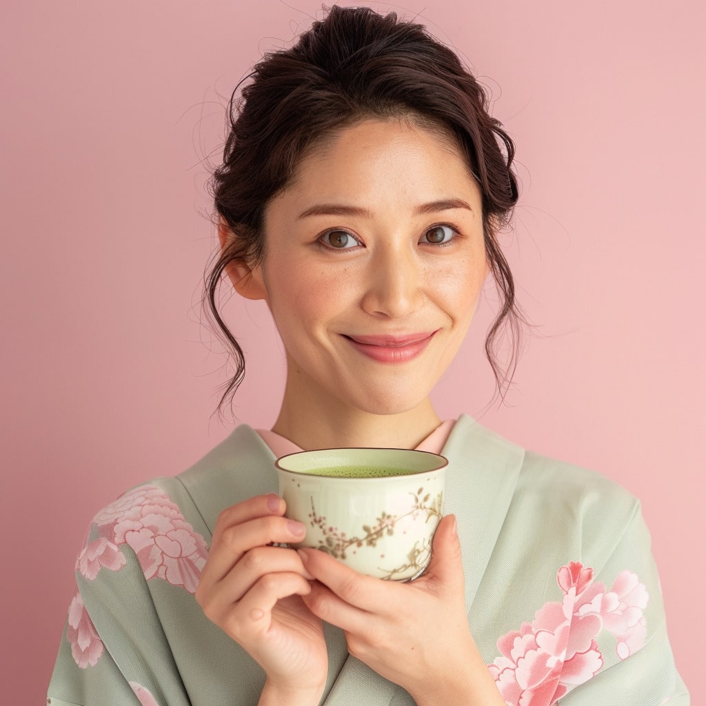 Japanese-Mounjaro-Recipe Smiling Japanese woman in a floral kimono holding a ceramic cup of Japanese Mounjaro Recipe against a pink background.