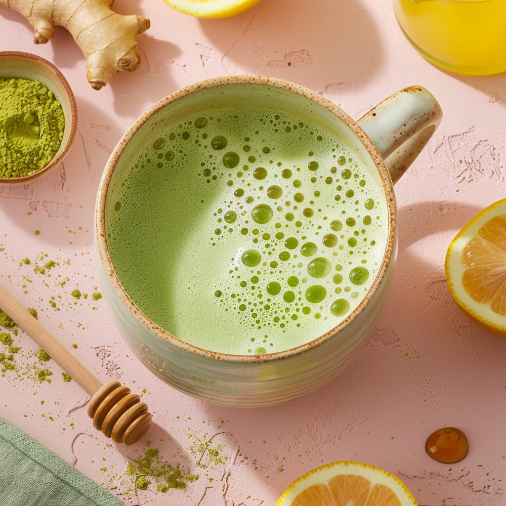 Japanese-Mounjaro-Recipe A handmade Japanese ceramic cup filled with vibrant green Mounjaro drink placed near a sunlit window on a soft pink wooden table.