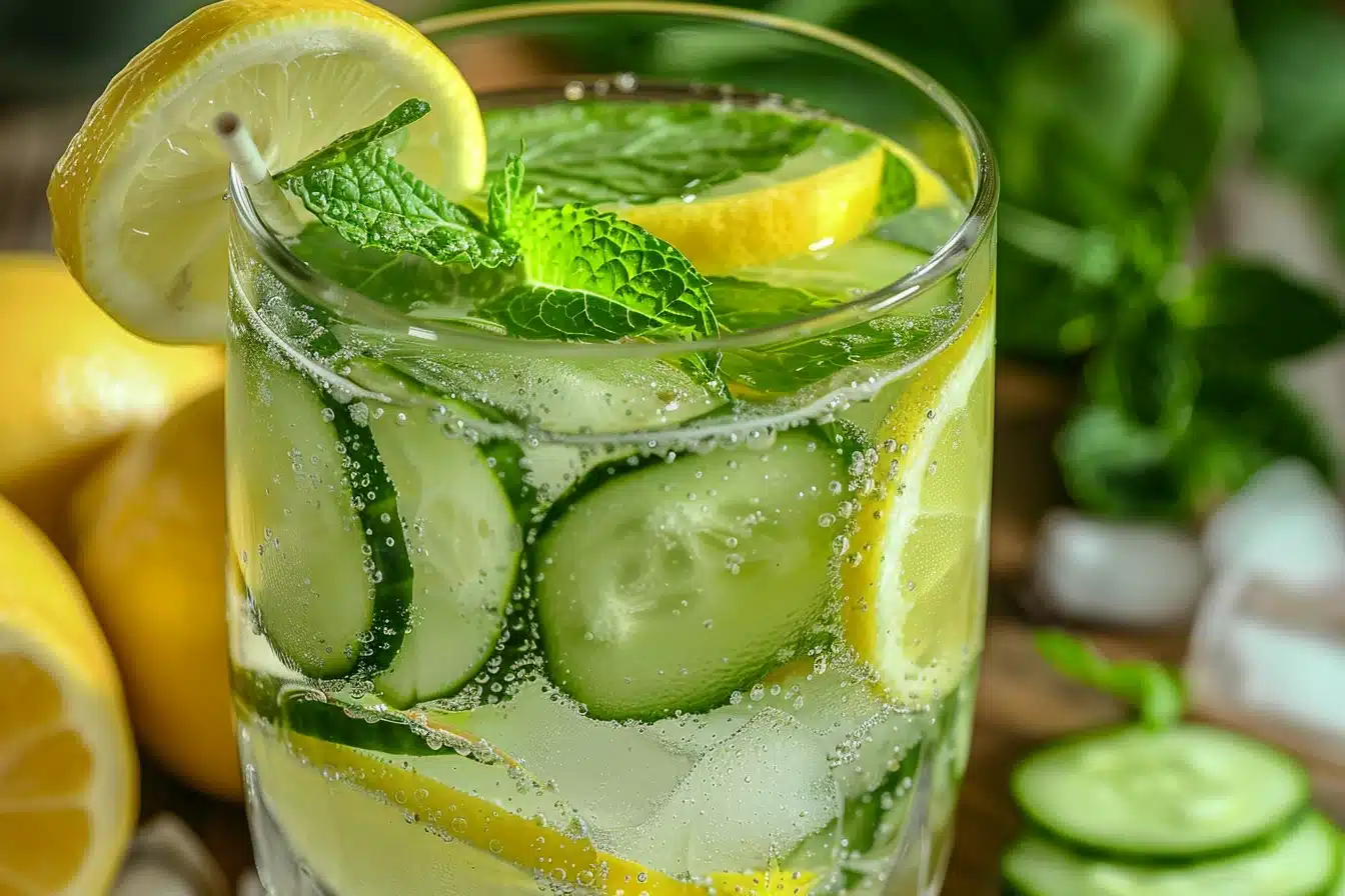 Aqua-Sculpt-Drink Glass of Aqua Sculpt with lemon, cucumber, and mint
