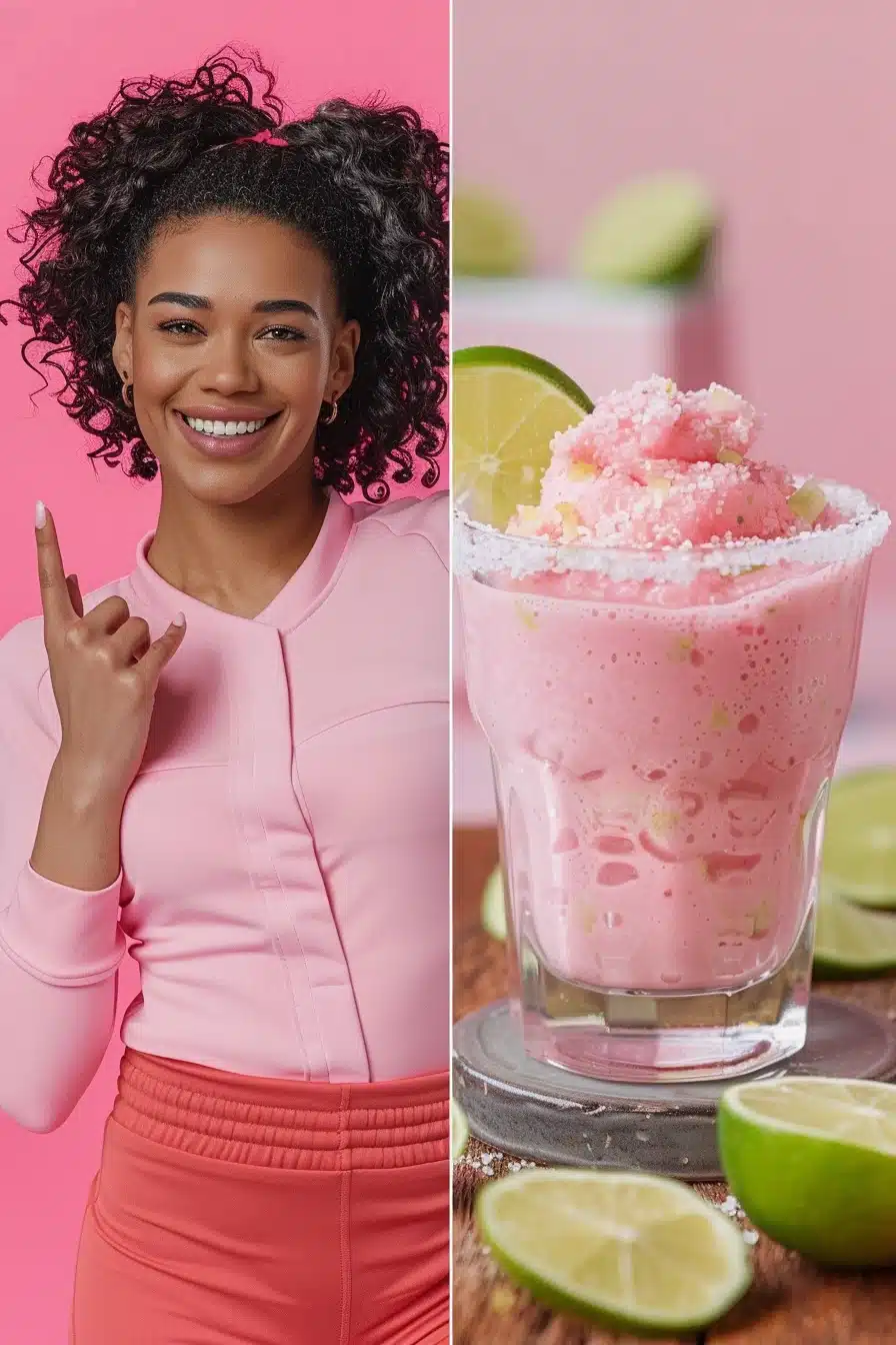pink-salt-trick A happy woman in pink workout clothes smiling confidently beside a refreshing frozen pink salt drink with lime, both against a vibrant pink background. The image represents the Pink Salt Trick as a fun, empowering morning health ritual. Styled to reflect the energy and glow of the Pink Salt Trick lifestyle.