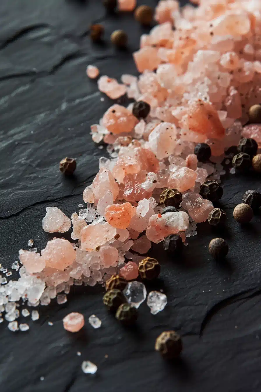 pink-salt-trick Pink Salt Trick captured in macro: rough pink Himalayan salt crystals with peppercorns on a dark slate background. The Pink Salt Trick elements form a natural arc with rich textures and contrast. A premium visual interpretation of the Pink Salt Trick concept.